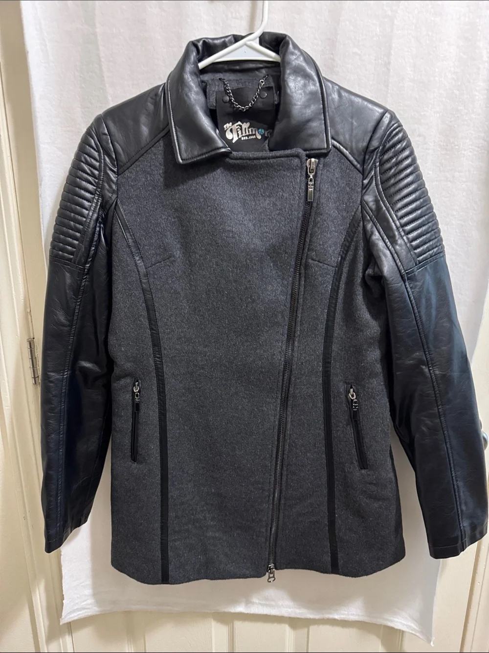 The Filmore-Faux Leather Sleeve Asymmetrical Zip Jacket - Black & Charcoal